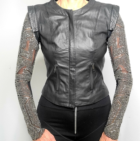 Amen Italy Embellished Sleeve Leather Jacket